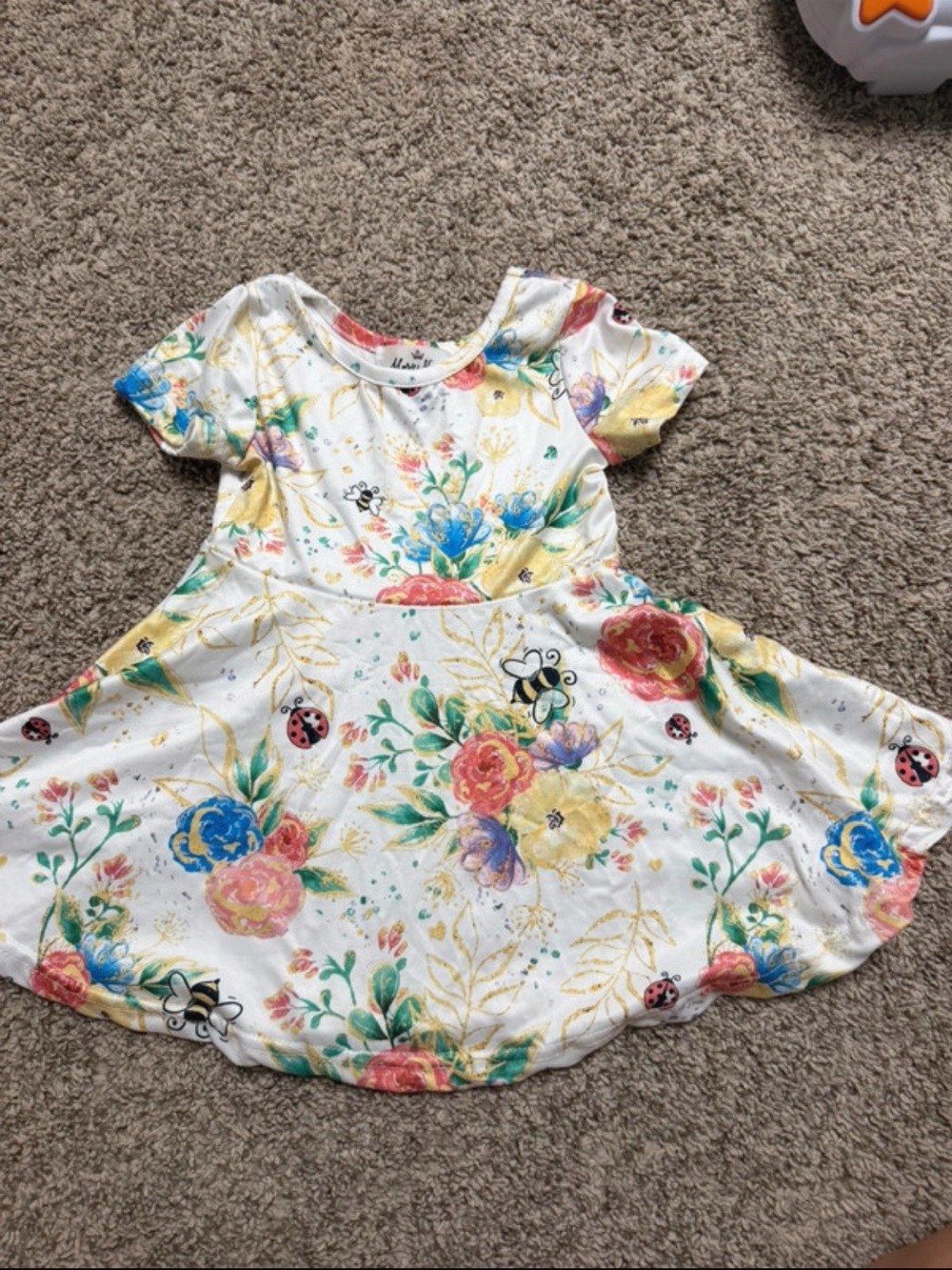 Floral Bee & Ladybug Short Sleeve Twirl Dress - White with Multicolor Print